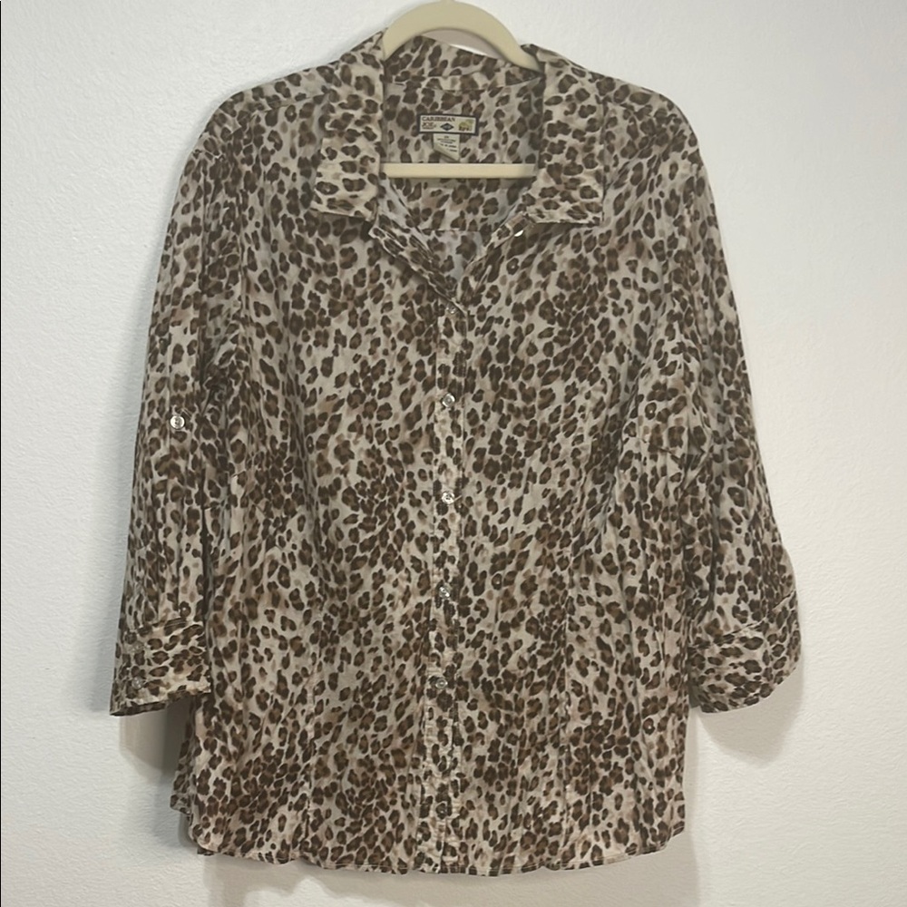 Caribbean Joe Leopard Blouse with Notched Collar Roll Up Sleeves Size 2X PTP 27”